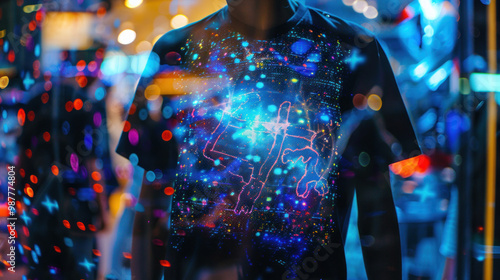 Limited edition T-shirt mockup where the shirt's exclusive design elements are projected as holograms, creating a dynamic display that highlights its unique, limited edition details photo