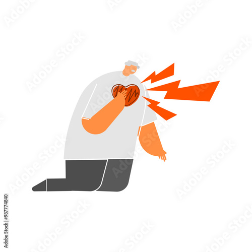 Heart attack and chest pain cartoon character on isolated background.
