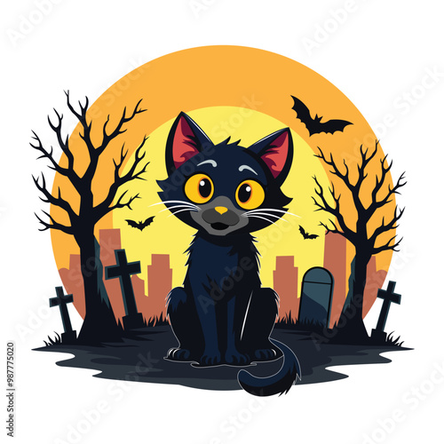 A black Halloween cat in a flat design.