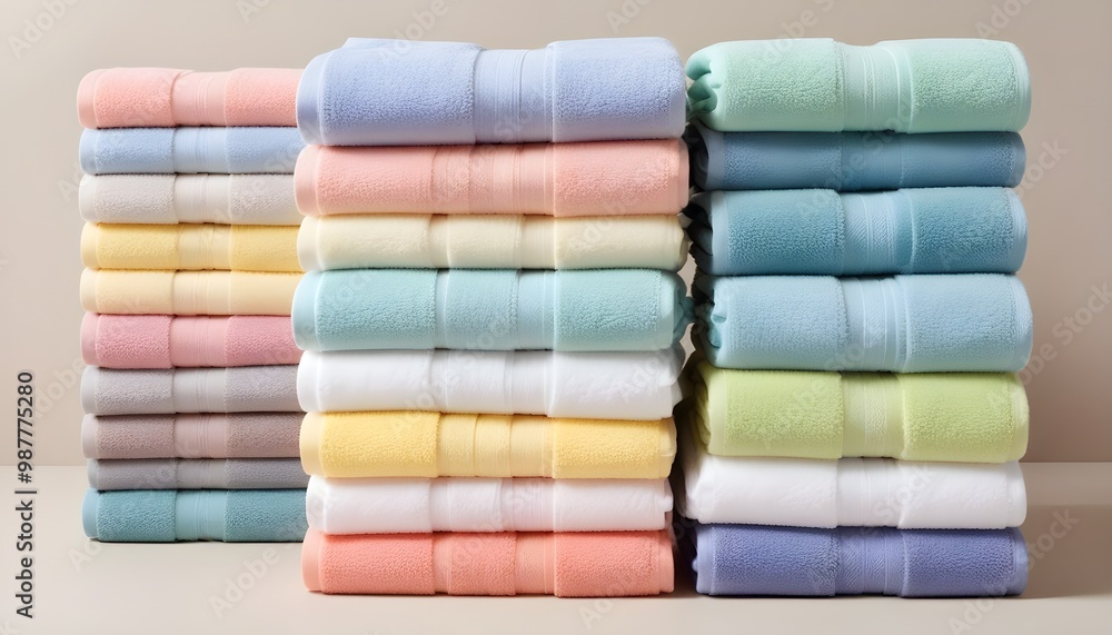 Piles of neatly folded towels in various pastel colors Piles of neatly folded towels in various pastel colors