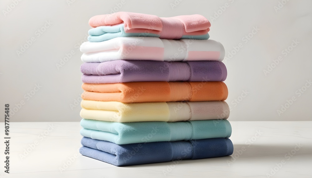 Piles of neatly folded towels in various pastel colors Piles of neatly folded towels in various pastel colors
