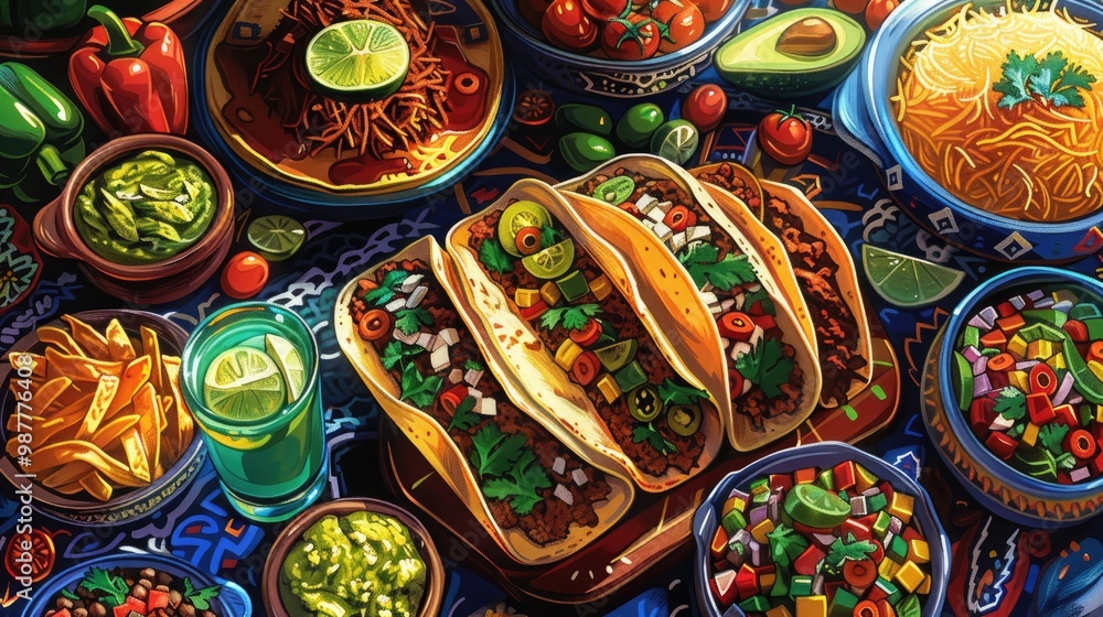 Fototapeta premium A colorful spread of Mexican food, including tacos, salsa, guacamole, and chips.