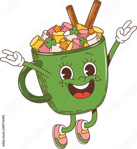 Cartoon groovy marshmallow dessert character, saint Patrick day holiday drink or beverage personage. Isolated vector green cheerful cup or mug with cocoa or chocolate for Irish holiday celebration