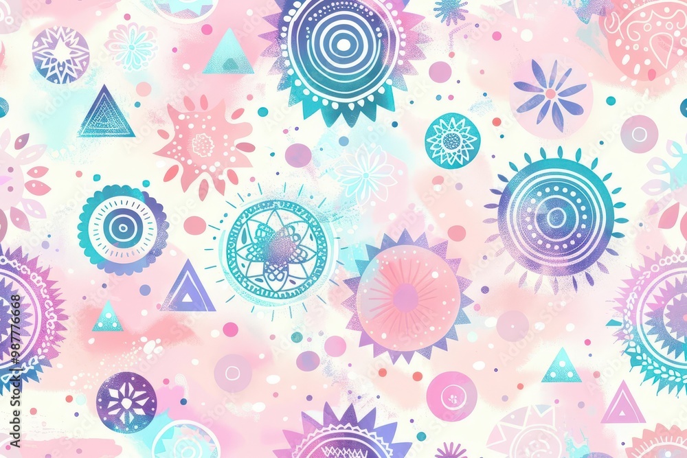 Fototapeta premium Navajo Aztec Vibrant abstract pattern featuring colorful circles and triangles, ideal for creative designs and artistic backgrounds.