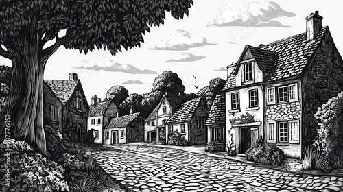 Charming Black and White Countryside Village Illustration photo