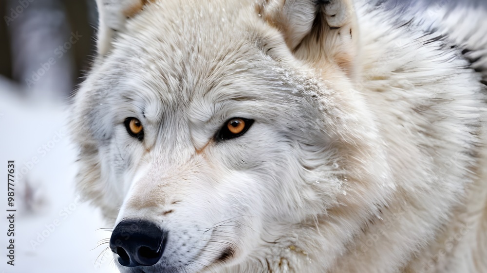 Obraz premium a close up photo of a snow wolf with blur background