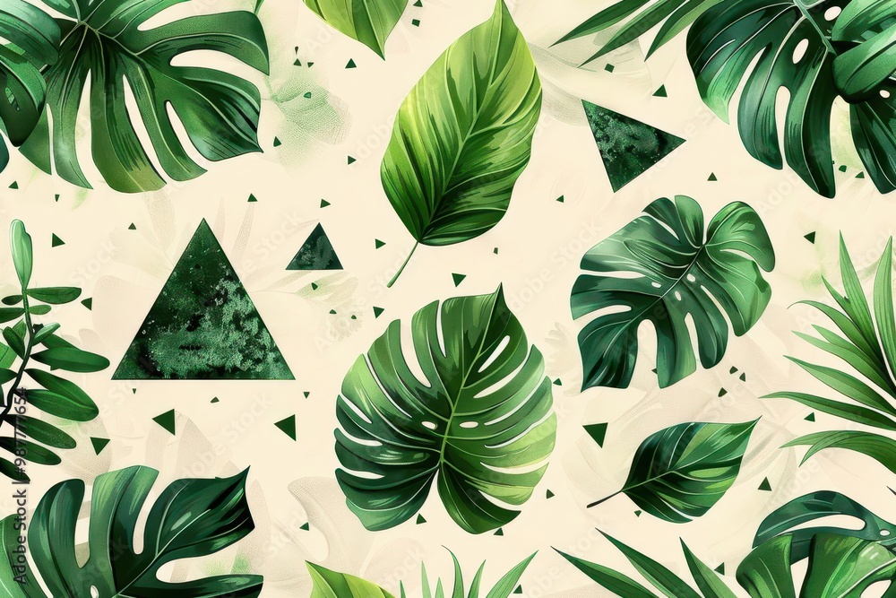 Vibrant tropical leaves pattern with geometric shapes, ideal for background designs and nature-themed projects. Vibrant tropical leaves pattern with geometric shapes, ideal for background designs and nature-themed projects.