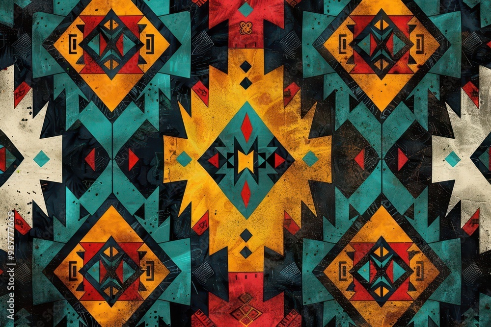 Navajo Aztec Vibrant tribal pattern featuring geometric shapes in bright colors. Perfect for textile design, wallpaper, or decorative art. Navajo Aztec Vibrant tribal pattern featuring geometric shapes in bright colors. Perfect for textile design, wallpaper, or decorative art.