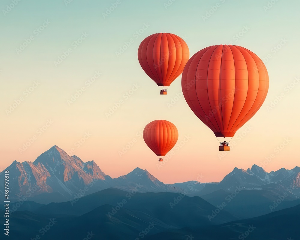 Hot air balloons hovering over a tranquil mountain plateau, surrounded by distant peaks and a clear sky Hot air balloons hovering over a tranquil mountain plateau, surrounded by distant peaks and a clear sky