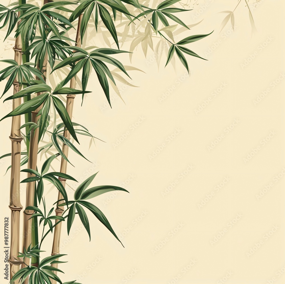 Green bamboo leaves on a cream background with space for text. Green bamboo leaves on a cream background with space for text.