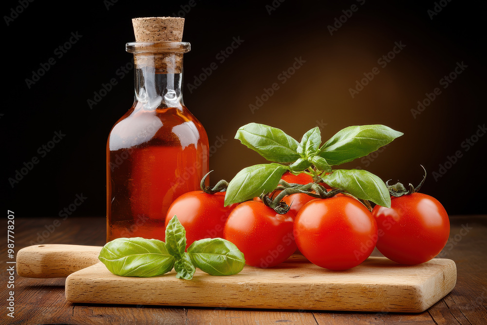 Fresh tomatoes and fragrant basil leaves are beautifully arranged on wooden cutting board, accompanied by bottle of olive oil, creating vibrant and inviting culinary scene Fresh tomatoes and fragrant basil leaves are beautifully arranged on wooden cutting board, accompanied by bottle of olive oil, creating vibrant and inviting culinary scene