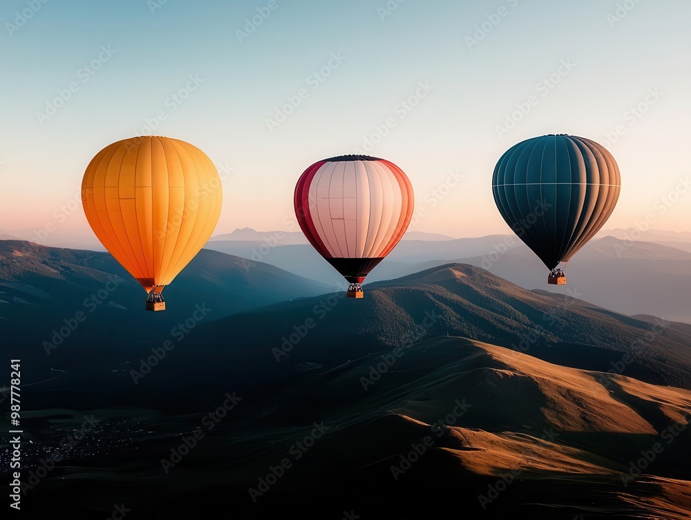 Fototapeta premium Colorful balloons flying over serene mountain ridges, soft morning light, peaceful and quiet atmosphere