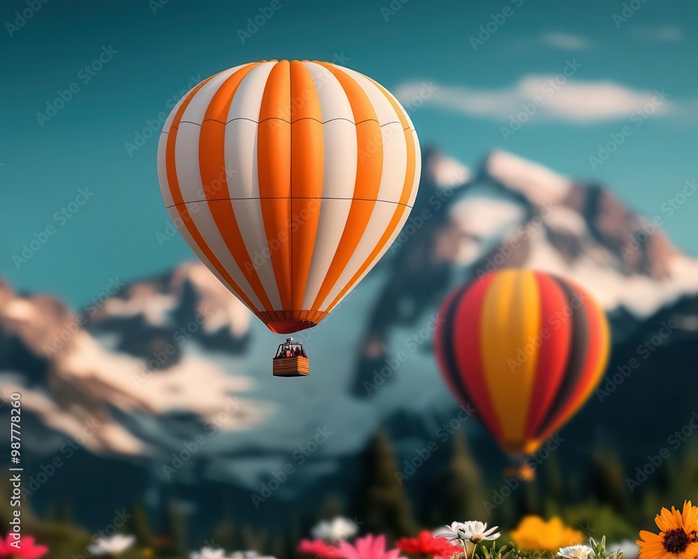 Fototapeta premium Hot air balloons floating over a tranquil mountain meadow, wildflowers in bloom, peaceful and idyllic scene