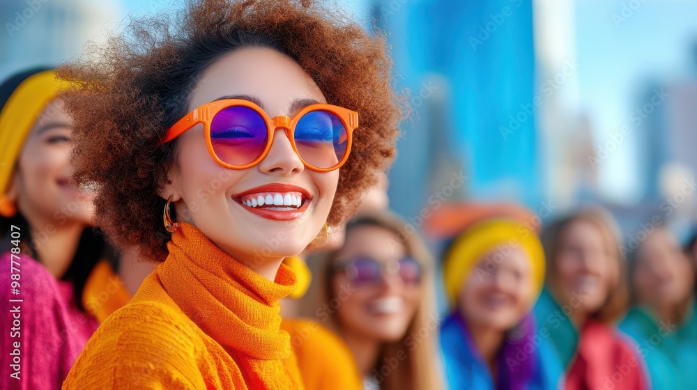 Happy Young Woman with Afro Hair Smiling and Wearing Orange Sunglasses Happy Young Woman with Afro Hair Smiling and Wearing Orange Sunglasses