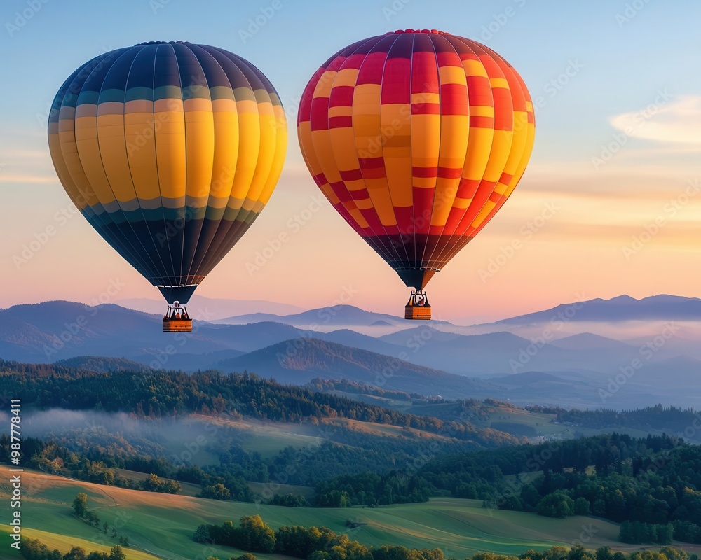 Naklejka premium Hot air balloons soaring over a green mountain valley at dawn, mist rising, creating a calm and peaceful scene