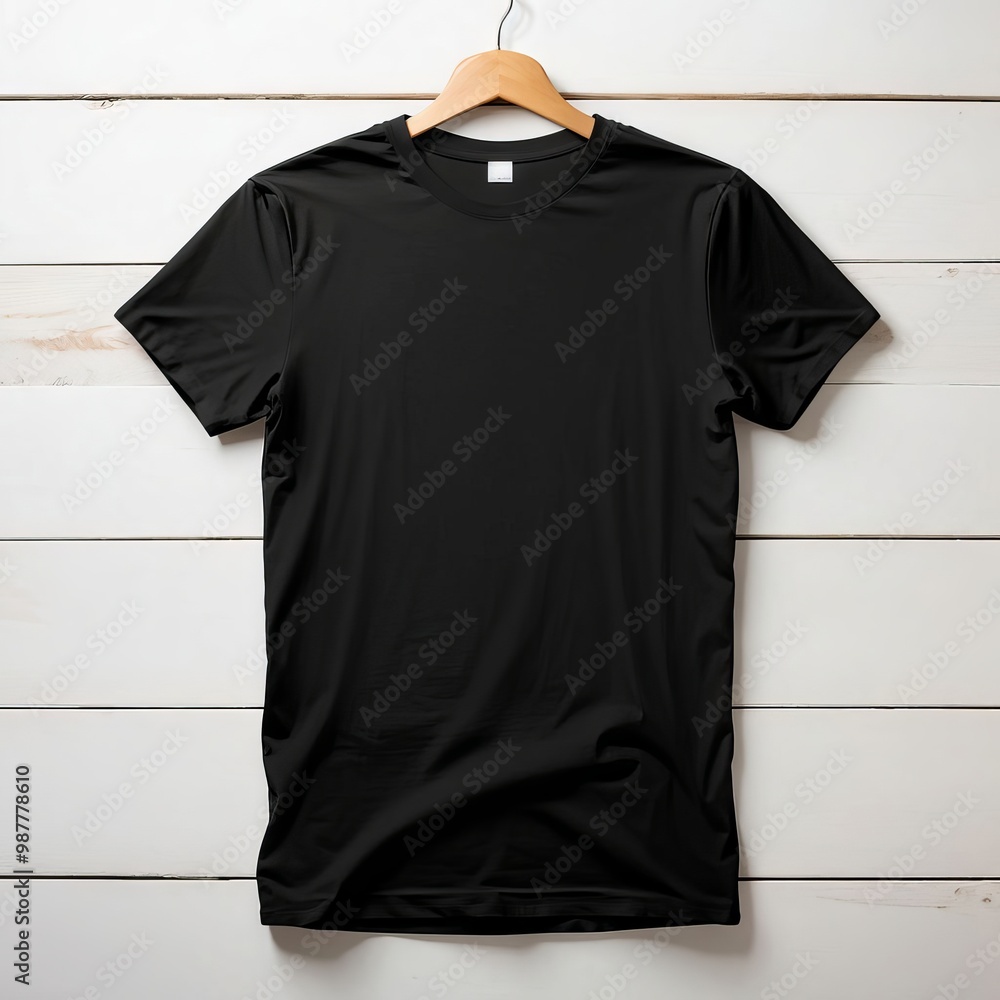 Font View Black t-shirt wooden hanger hanging on white wooden background Font View Black t-shirt wooden hanger hanging on white wooden background