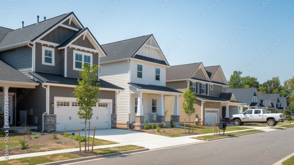 A photo of a serene suburban neighborhood with multiple two-story houses. These homes feature a mix of siding colors, including gray, beige, and white, with gabled roofs. The houses have garages A photo of a serene suburban neighborhood with multiple two-story houses. These homes feature a mix of siding colors, including gray, beige, and white, with gabled roofs. The houses have garages