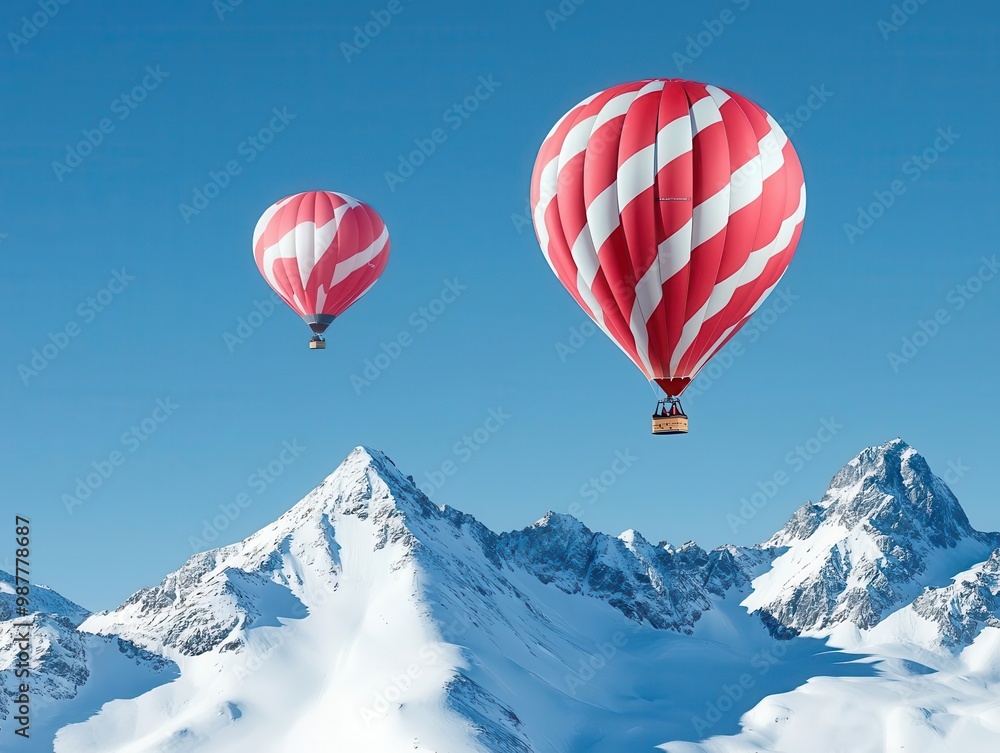 Hot air balloons hovering over snow-capped mountains, peaceful landscape with clear blue skies Hot air balloons hovering over snow-capped mountains, peaceful landscape with clear blue skies