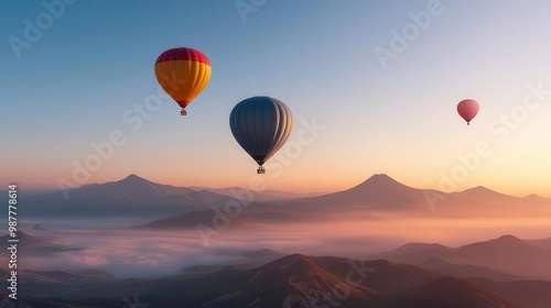 Balloons gliding above mist-covered mountains at sunrise, creating a serene and ethereal landscape