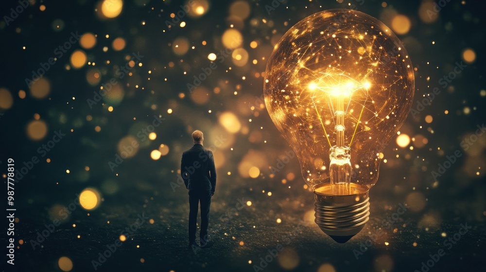 A Man Gazing at a Large Lightbulb with a Network of Connections Inside A Man Gazing at a Large Lightbulb with a Network of Connections Inside