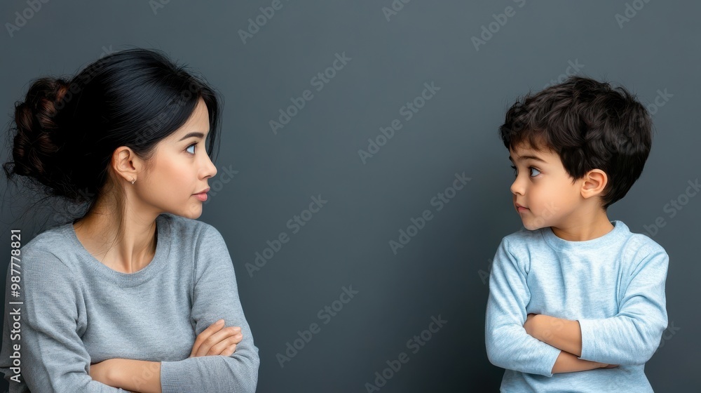 Woman and Boy with Arms Crossed Looking at Each Other Woman and Boy with Arms Crossed Looking at Each Other