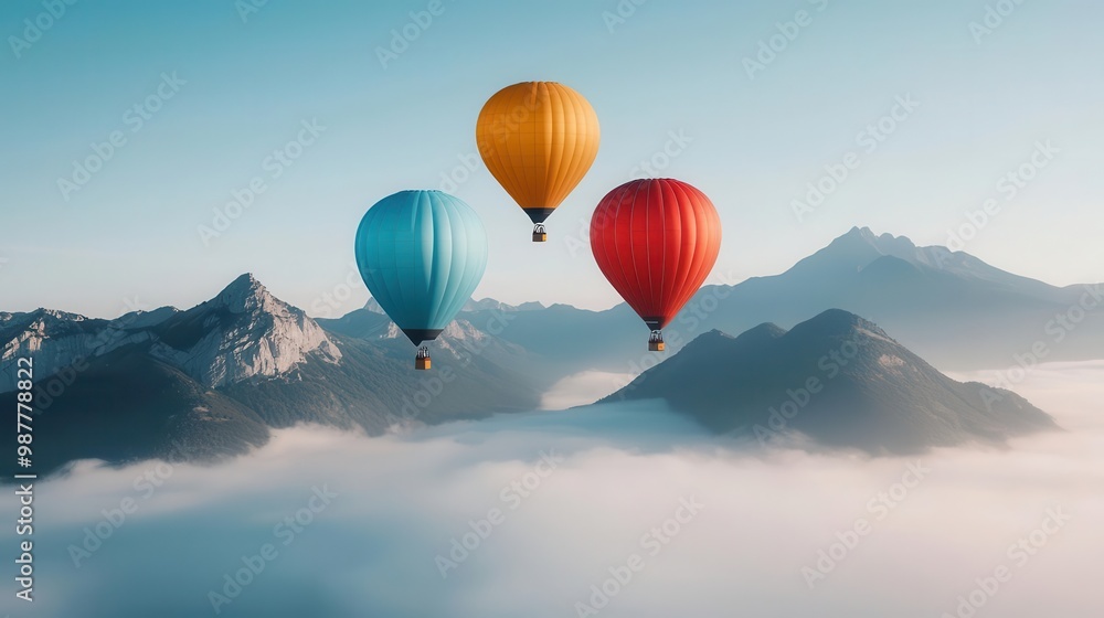 Balloons drifting above a foggy mountain range, only peaks visible, creating a peaceful and dreamlike scene Balloons drifting above a foggy mountain range, only peaks visible, creating a peaceful and dreamlike scene