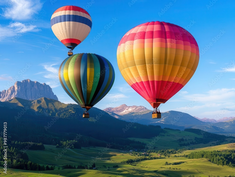 Naklejka premium Hot air balloons soaring above a lush green valley with mountain peaks in the background, peaceful and idyllic