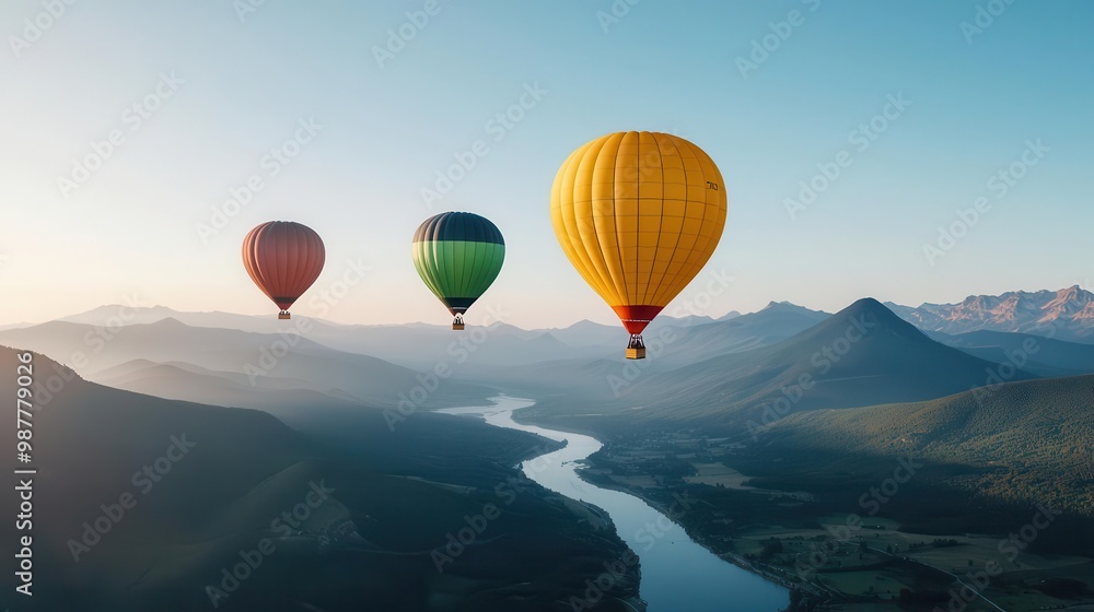 Fototapeta premium Hot air balloons flying over a serene mountain vista with a river winding through, calm and harmonious setting