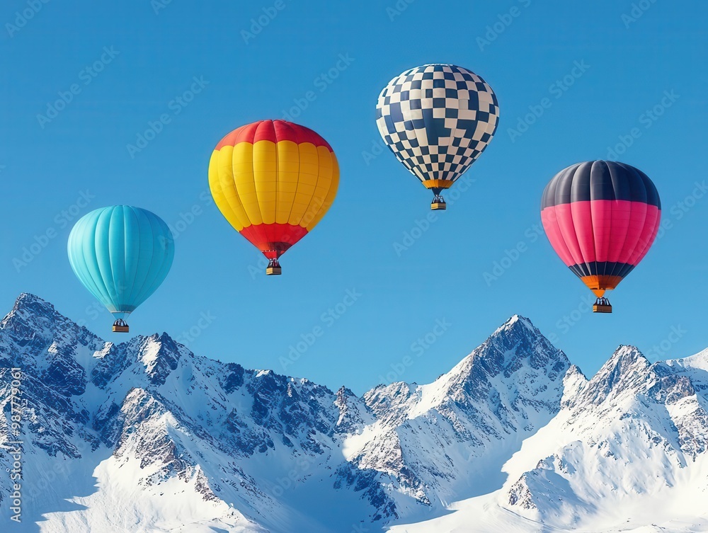 Hot air balloons hovering over snow-capped mountains, peaceful landscape with clear blue skies Hot air balloons hovering over snow-capped mountains, peaceful landscape with clear blue skies