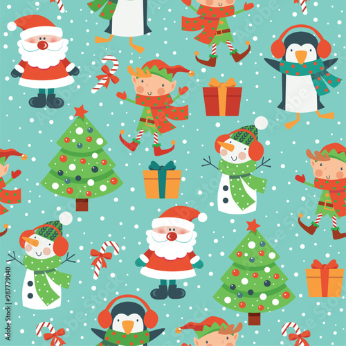 Seamless Christmas pattern with Santa, snowman, tree, elf and snow on blue background, 