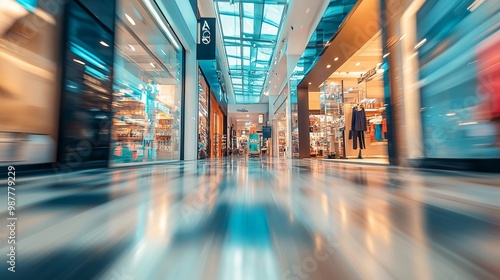 A blurred image of a shop's interior inside a shopping mall. The inside of a retail store located in a shopping mall. 