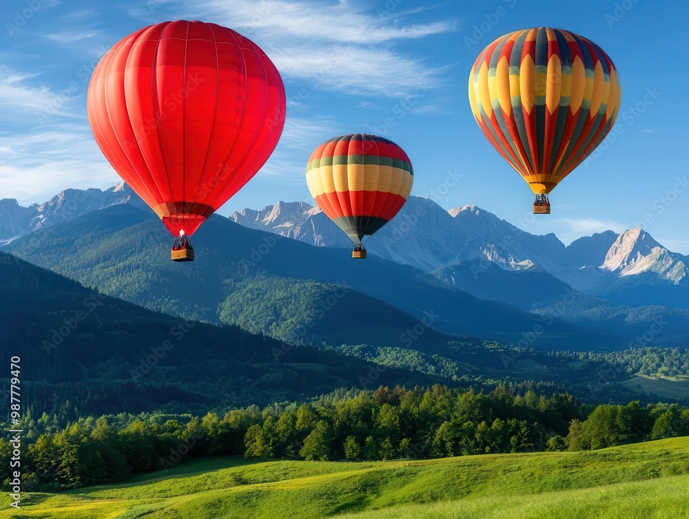 Naklejka premium Hot air balloons soaring above a lush green valley with mountain peaks in the background, peaceful and idyllic