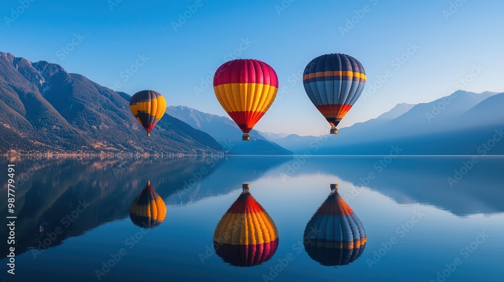 Fototapeta premium Vibrant hot air balloons floating above a calm mountain lake, reflecting in the still water, tranquil setting