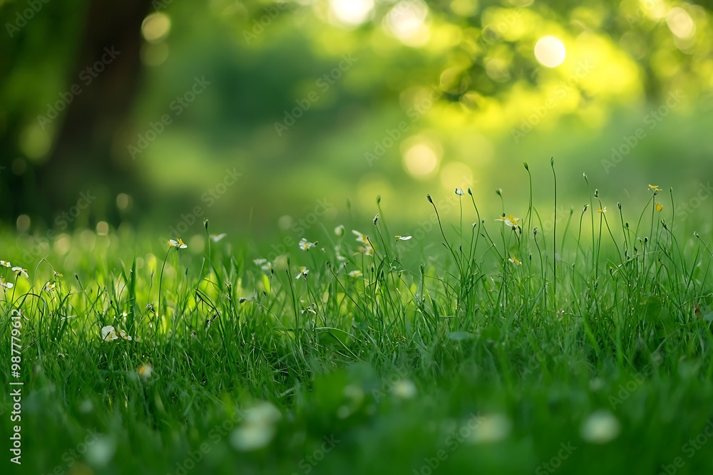 Fototapeta premium Green grass field with blurred background during summer, background