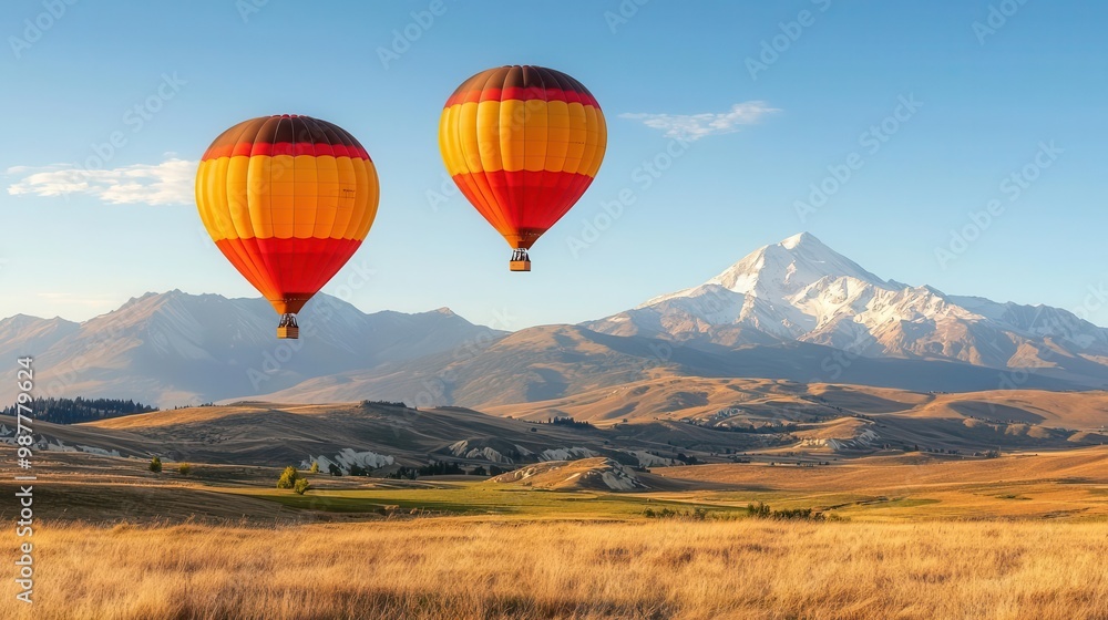 Obraz premium Hot air balloons gliding over rolling hills and snow-capped peaks, peaceful and expansive mountain view