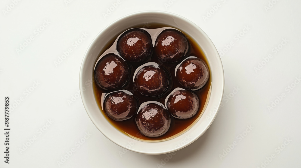 Deep brown Gulab Jamun floating in syrup, served in a clean white bowl Deep brown Gulab Jamun floating in syrup, served in a clean white bowl