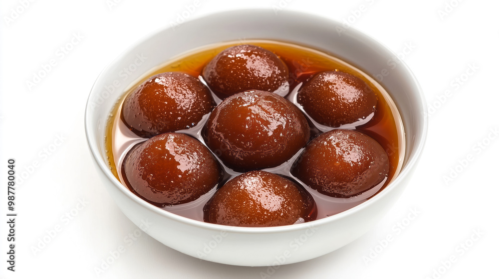 Deep brown Gulab Jamun floating in syrup, served in a clean white bowl Deep brown Gulab Jamun floating in syrup, served in a clean white bowl