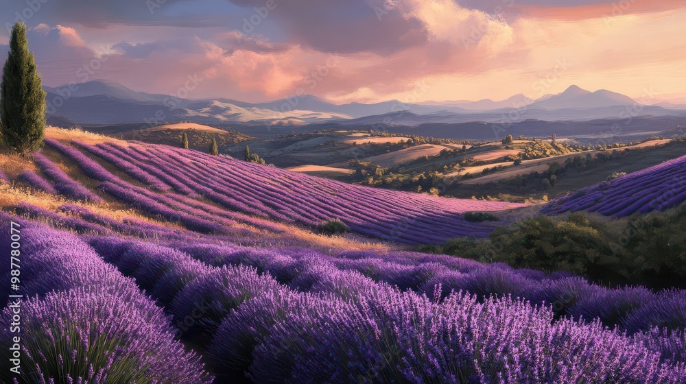 Serene Lavender Fields Under a Colorful Sky Serene Lavender Fields Under a Colorful Sky