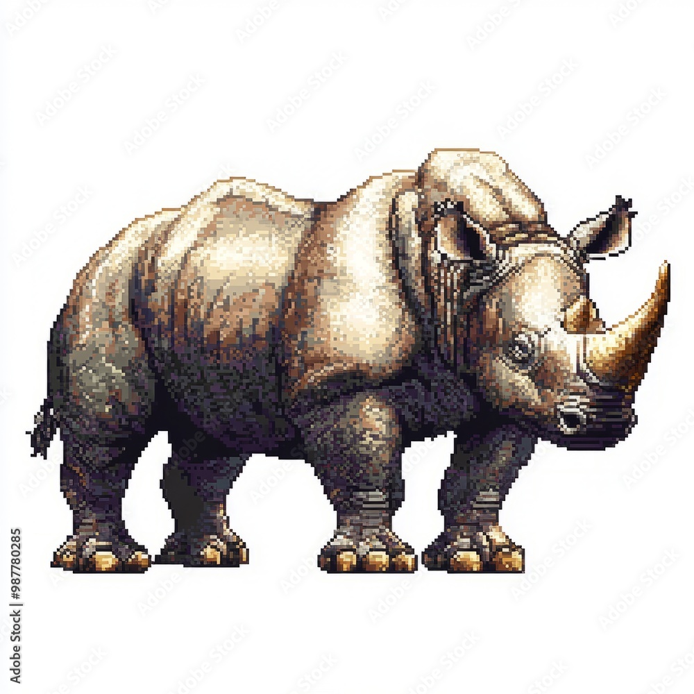 Pixel Art Rhinoceros with Prominent Golden Horn in Detailed Style Pixel Art Rhinoceros with Prominent Golden Horn in Detailed Style
