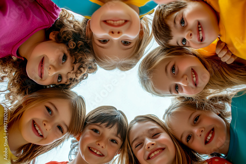 A group of happy, smiling children huddle together, looking down at the camera against a white background.