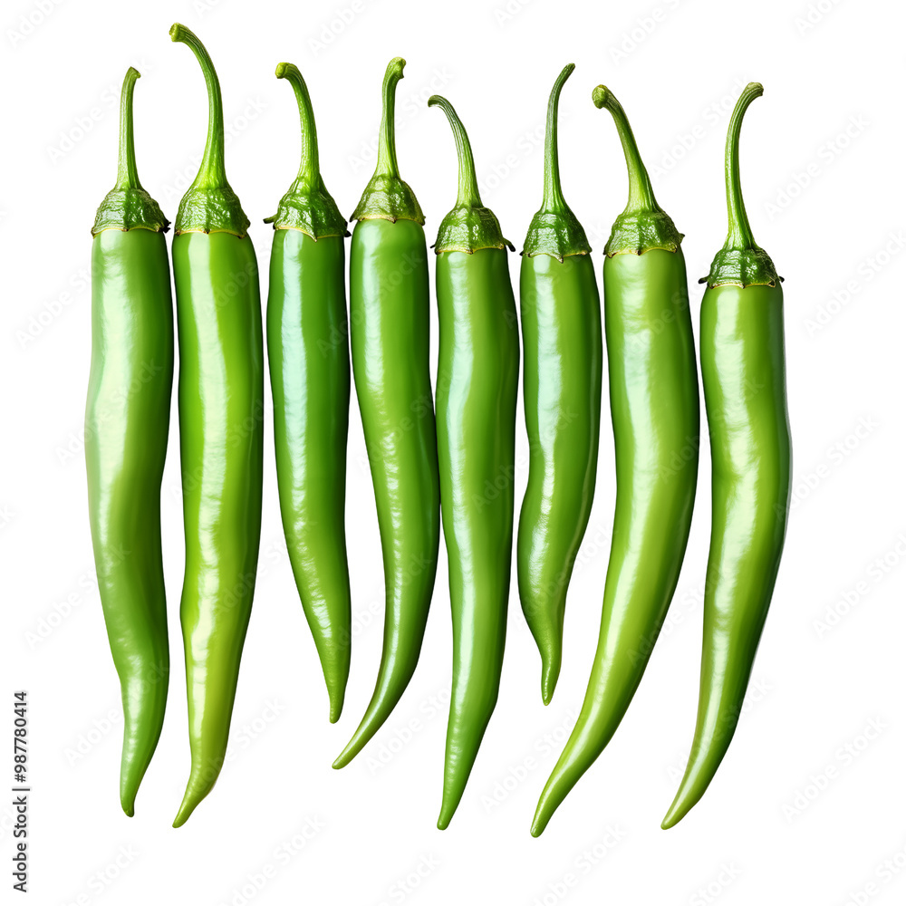 A top-down view of a group of green chili peppers, arranged neatly to highlight their vibrant color and shape, isolated on a transparent background A top-down view of a group of green chili peppers, arranged neatly to highlight their vibrant color and shape, isolated on a transparent background