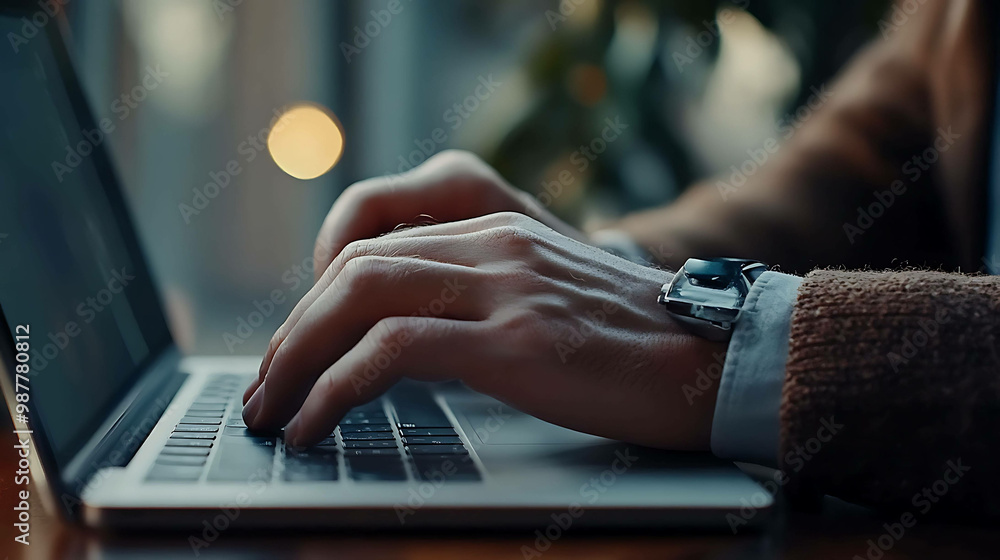 Obraz premium Close up of a man's hands typing on a laptop.