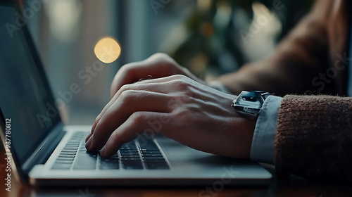 Close up of a man's hands typing on a laptop.