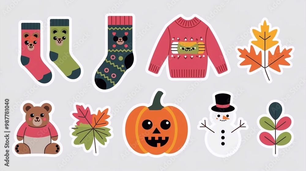 Stickers set of socks, sweater, pumpkin, snowman. Autumn leaves. Cute pictures on a white background. Stickers set of socks, sweater, pumpkin, snowman. Autumn leaves. Cute pictures on a white background.