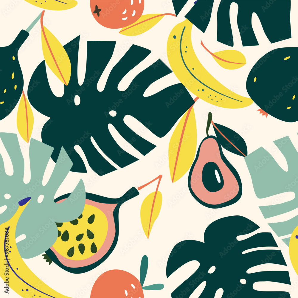 Naklejka premium Seamless pattern with tropic leaves and fruits. 