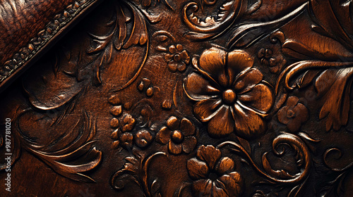 Close-up of a dark brown leather surface with an intricate floral carving. photo