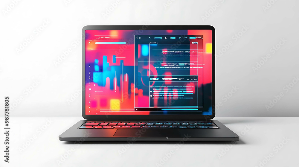 A black laptop computer with a bright pink and blue screen showing code and charts. A black laptop computer with a bright pink and blue screen showing code and charts.