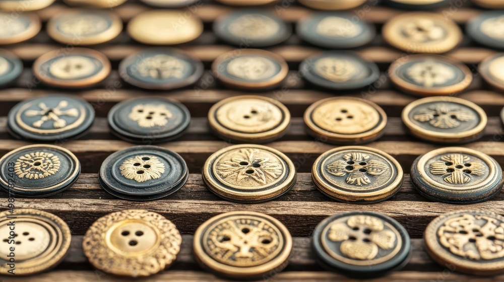 A collection of brass buttons with military insignia, symbols of service from a bygone era A collection of brass buttons with military insignia, symbols of service from a bygone era