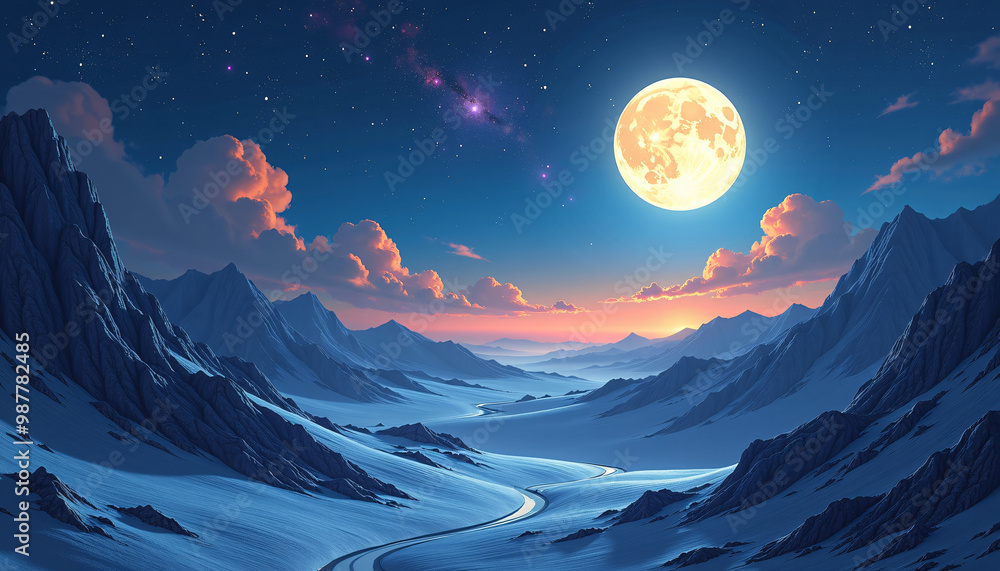 Illustrate a serene view of a moonlit landscape on an alien planet, with distant galaxies shining brightly in the sky, evoking a sense of peace and tranquility. Illustrate a serene view of a moonlit landscape on an alien planet, with distant galaxies shining brightly in the sky, evoking a sense of peace and tranquility.
