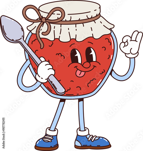 Jam jar retro groovy breakfast character. Isolated cartoon vector cheerful glass jar personage tied with a bow, with a friendly face, holding a spoon, sticking out its tongue, and giving a ok gesture